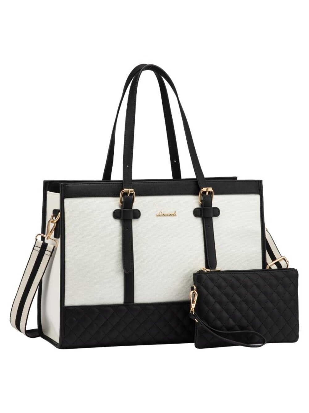 Canvas Faux Leather Laptop Tote Bag Women Work Computer Bag 15.6 Inch Shoulder